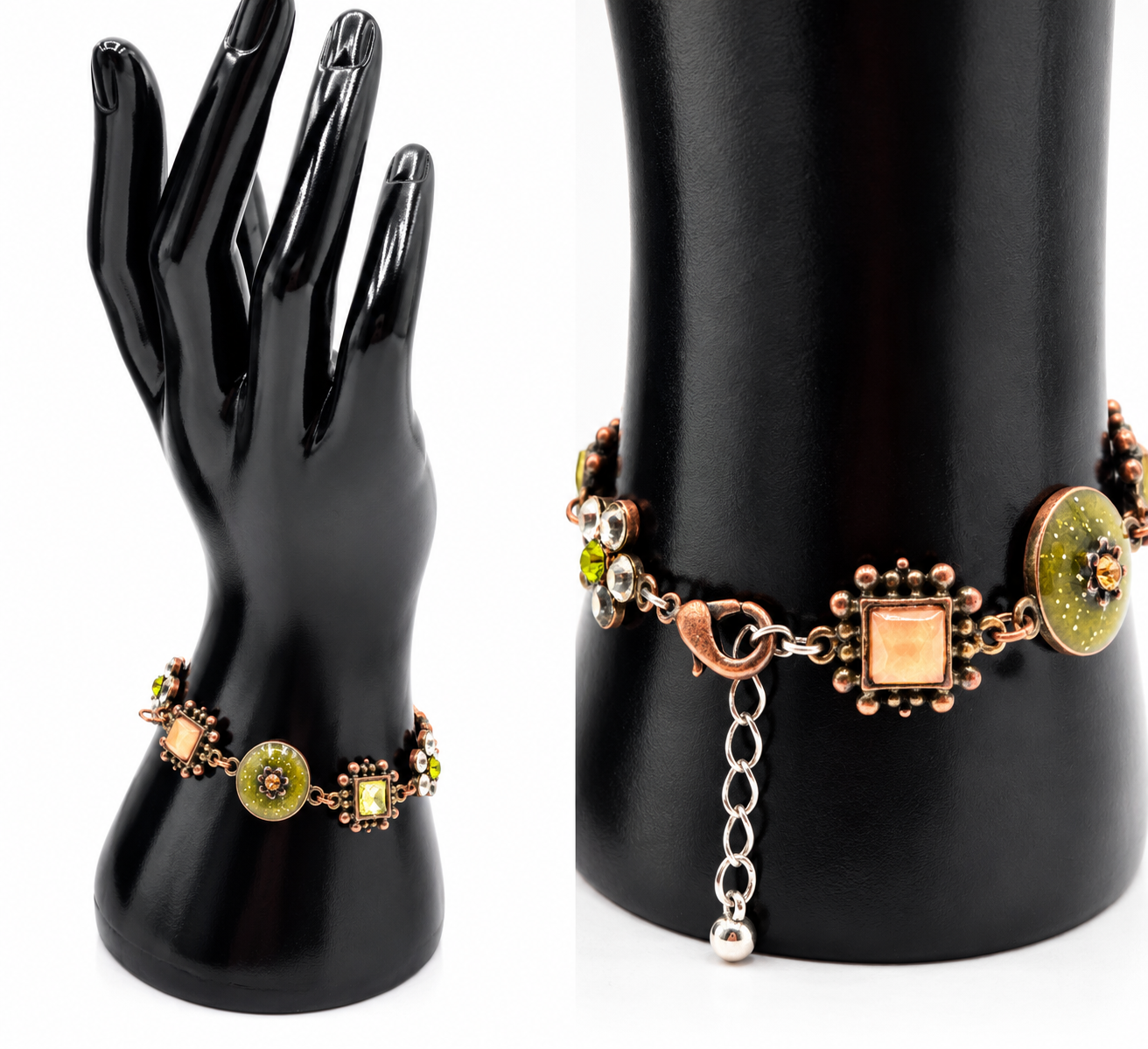 Vintage Olive Green Floral Necklace, Bracelet & Earrings Set