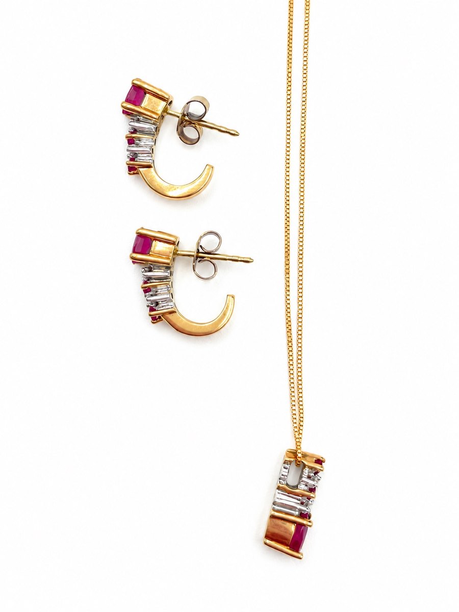 14K Gold, Diamond & Ruby Earrings & Necklace Set