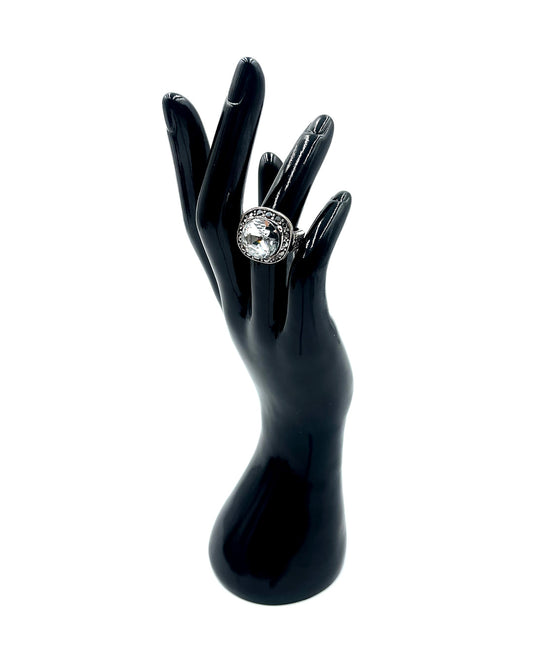 Oversized Clear Crystal Silver-Tone Cocktail Ring Size 6.5