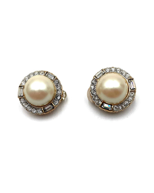 Vintage Nina Ricci Gold-Tone Faux Pearl & Crystal Clip-On Earrings