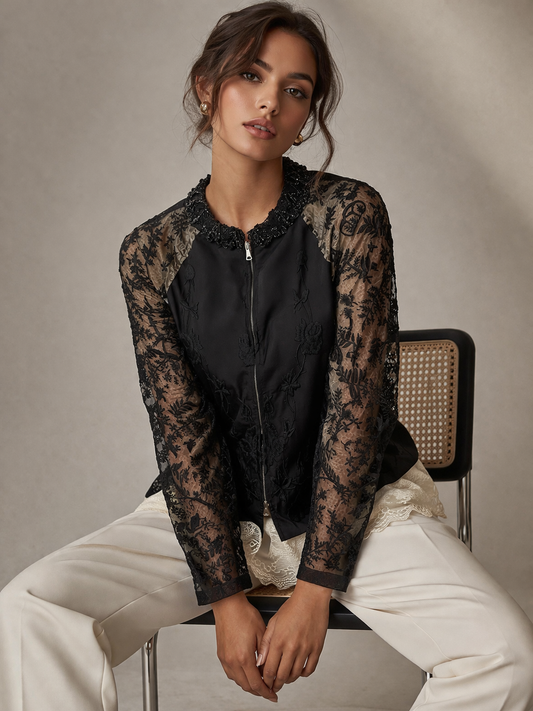 Dries Van Noten Black Lace Sheer Beaded Bomber Jacket Size 44