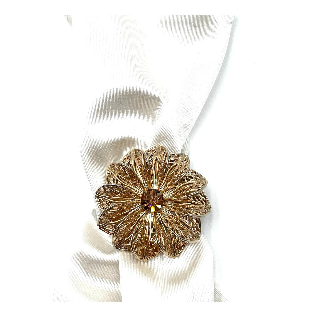 Vintage Gold-Tone Filigree Flower Scarf Clip with Amber Rhinestone
