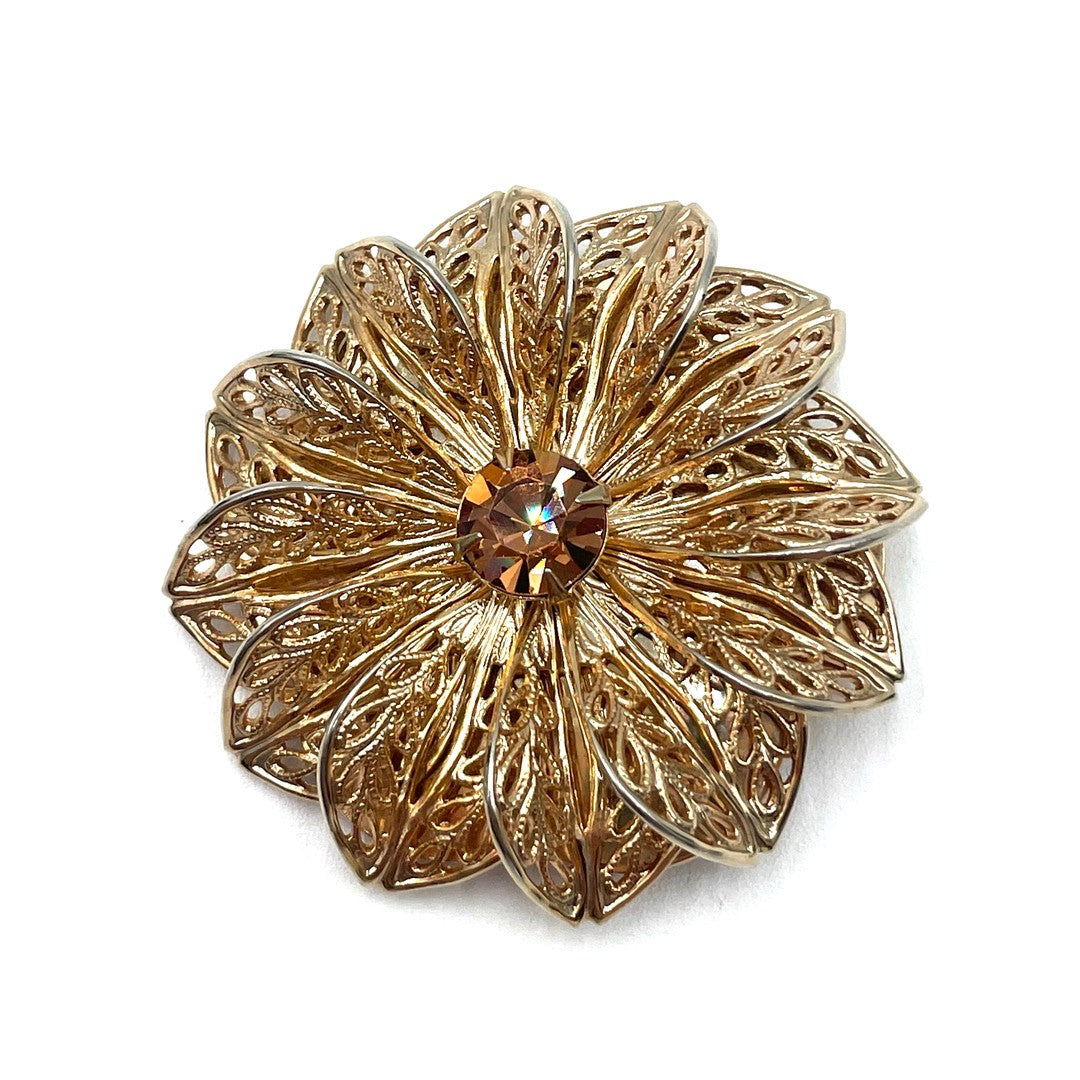 Vintage Gold-Tone Filigree Flower Scarf Clip with Amber Rhinestone