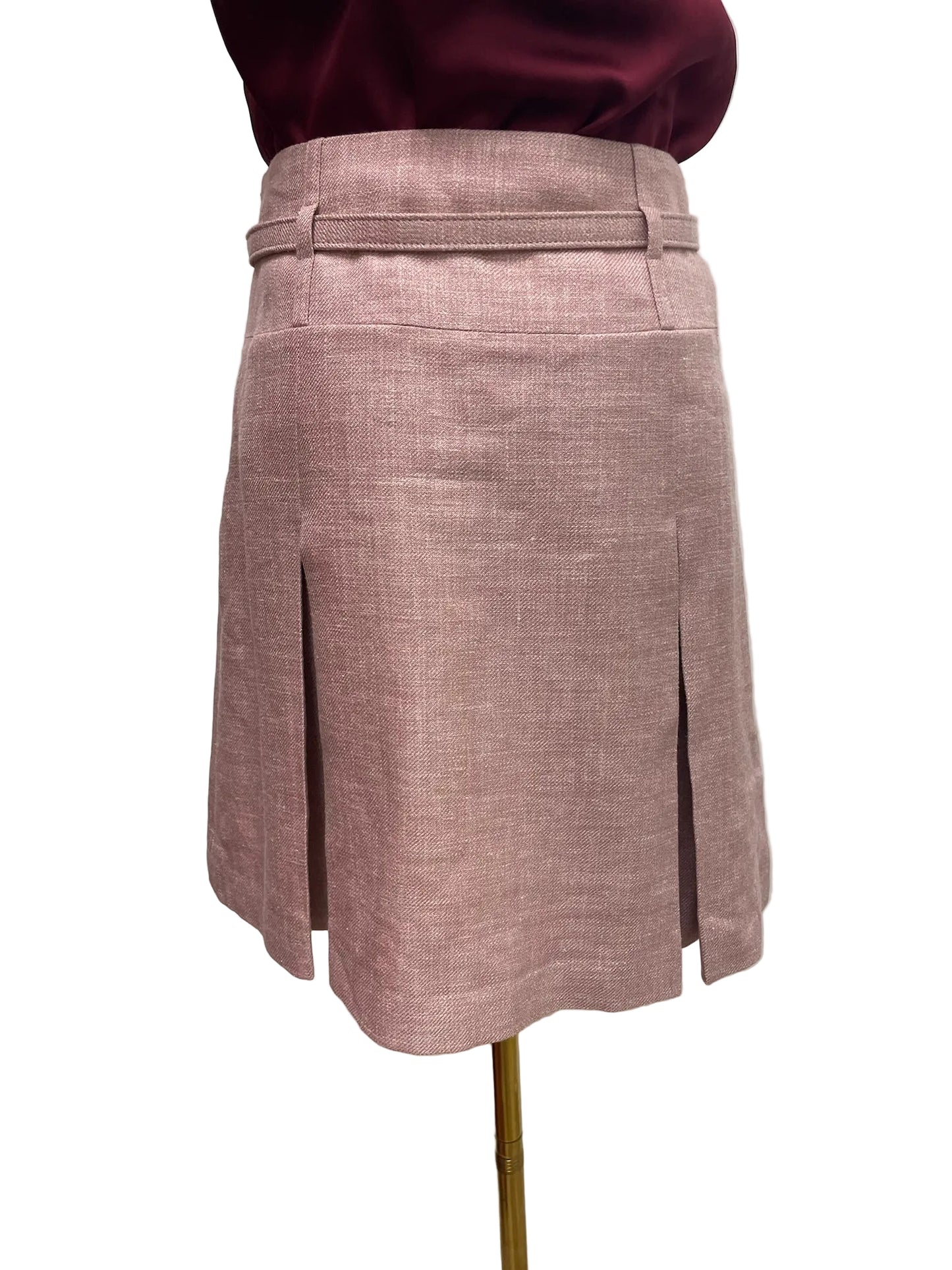 Judith & Charles dusty rose A-line skirt, size 2, with soft pleats, tailored waistband, and textured fabric.