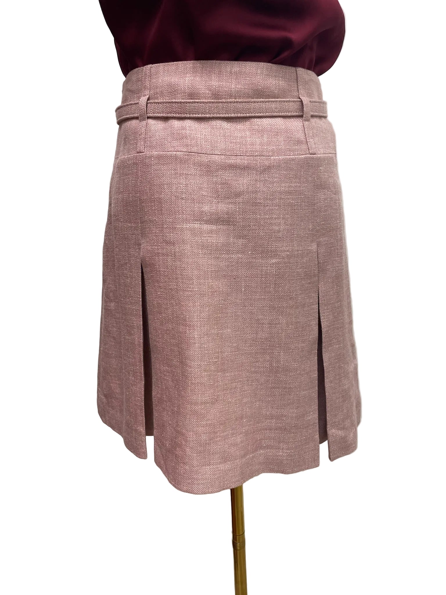 Judith & Charles dusty rose A-line skirt, size 2, with soft pleats, tailored waistband, and textured fabric.