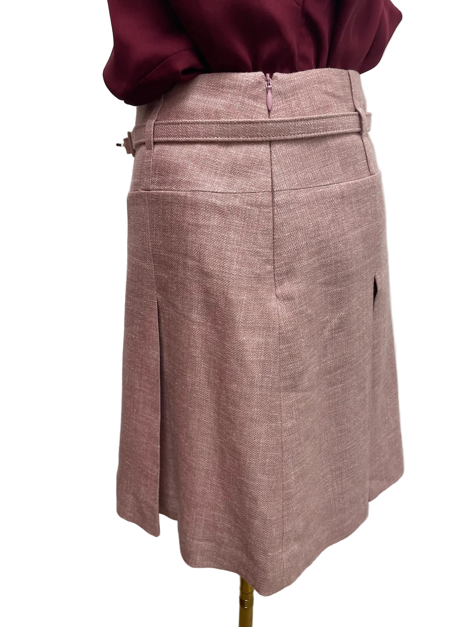 Judith & Charles dusty rose A-line skirt, size 2, with soft pleats, tailored waistband, and textured fabric.