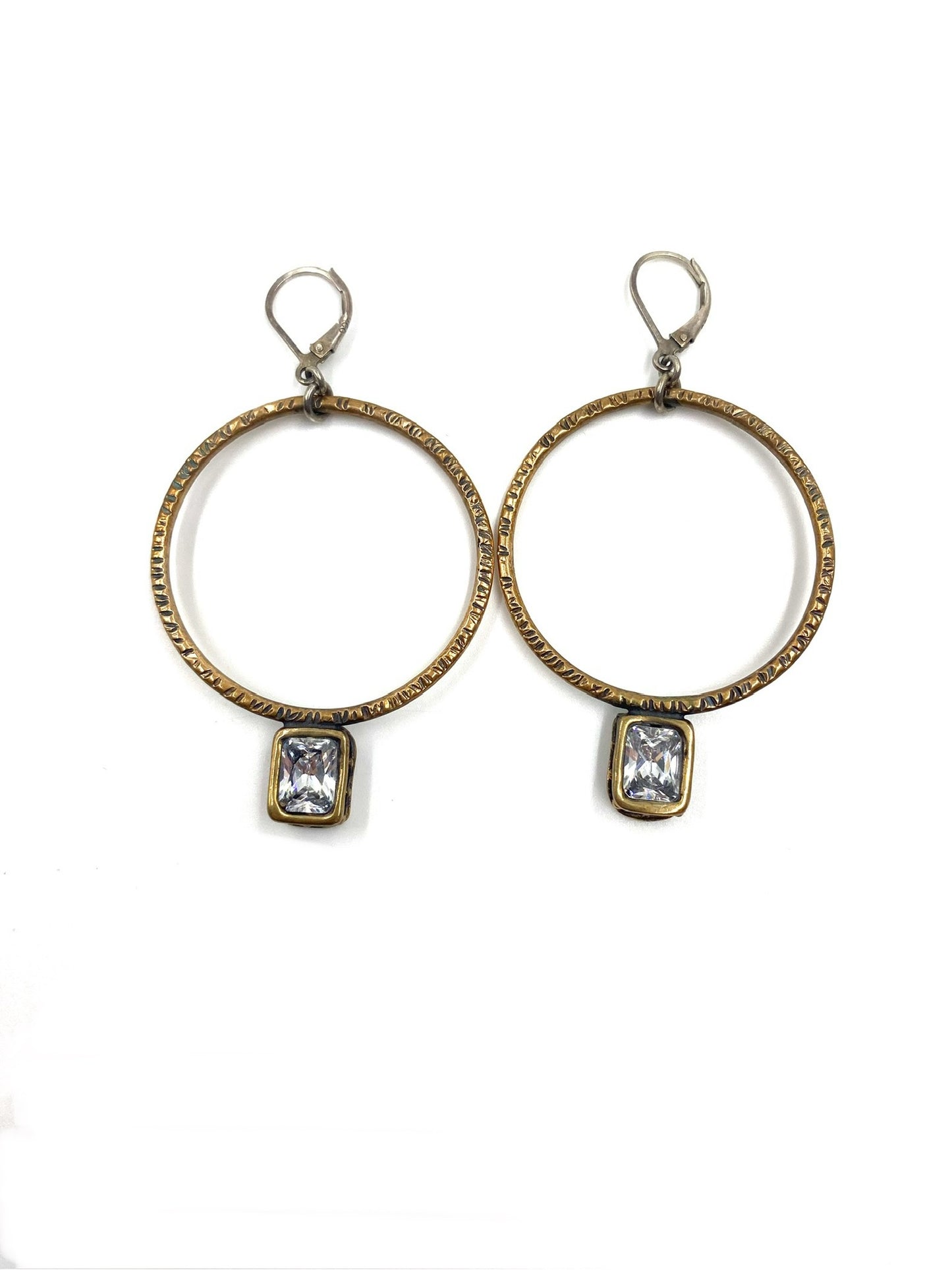 Karyn Chopik sterling silver hoop earrings with textured brass and square cubic zirconia stones.