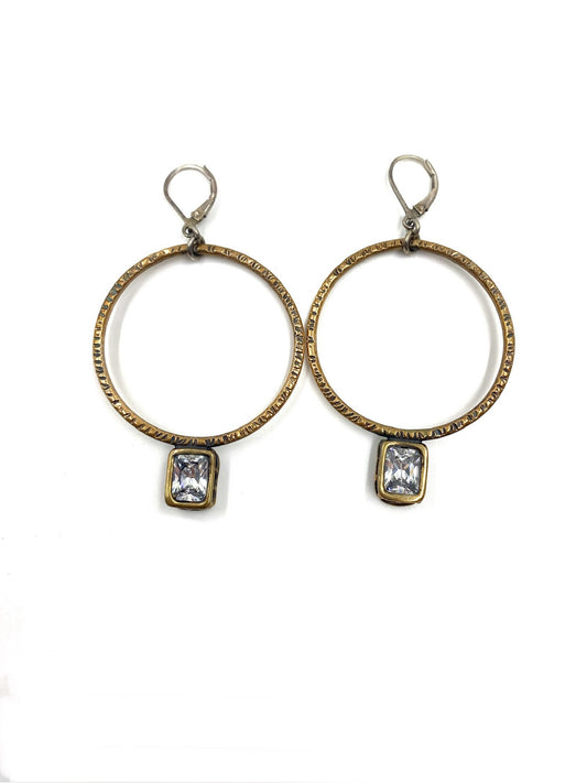 Karyn Chopik sterling silver hoop earrings with textured brass and square cubic zirconia stones.