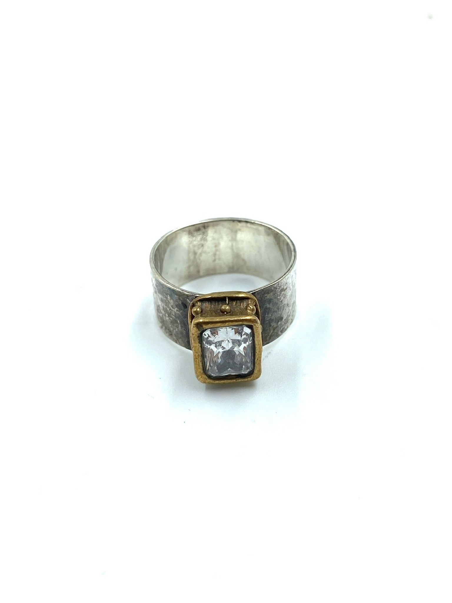 Karyn Chopik Empress sterling silver ring, size 7.5, with a rectangular cubic zirconia crystal in a bronze bezel.