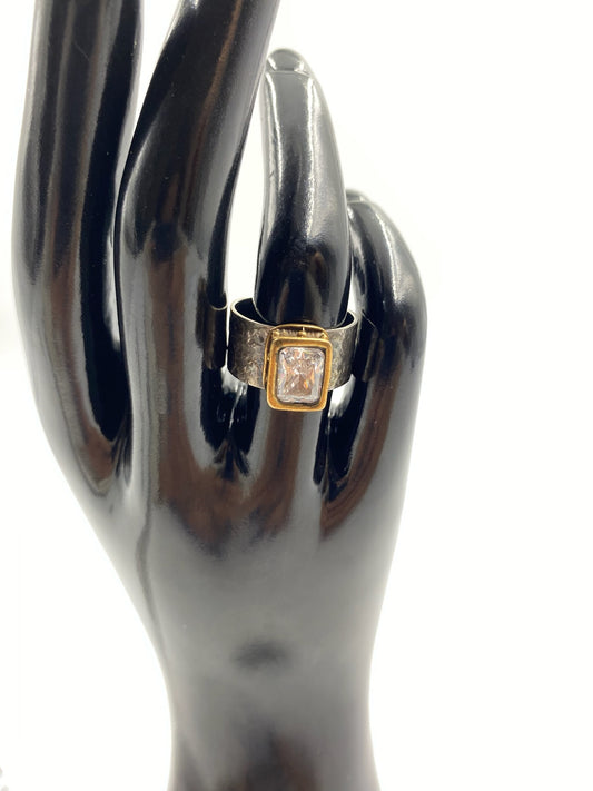 Karyn Chopik Empress sterling silver ring, size 7.5, with a rectangular cubic zirconia crystal in a gold bezel.