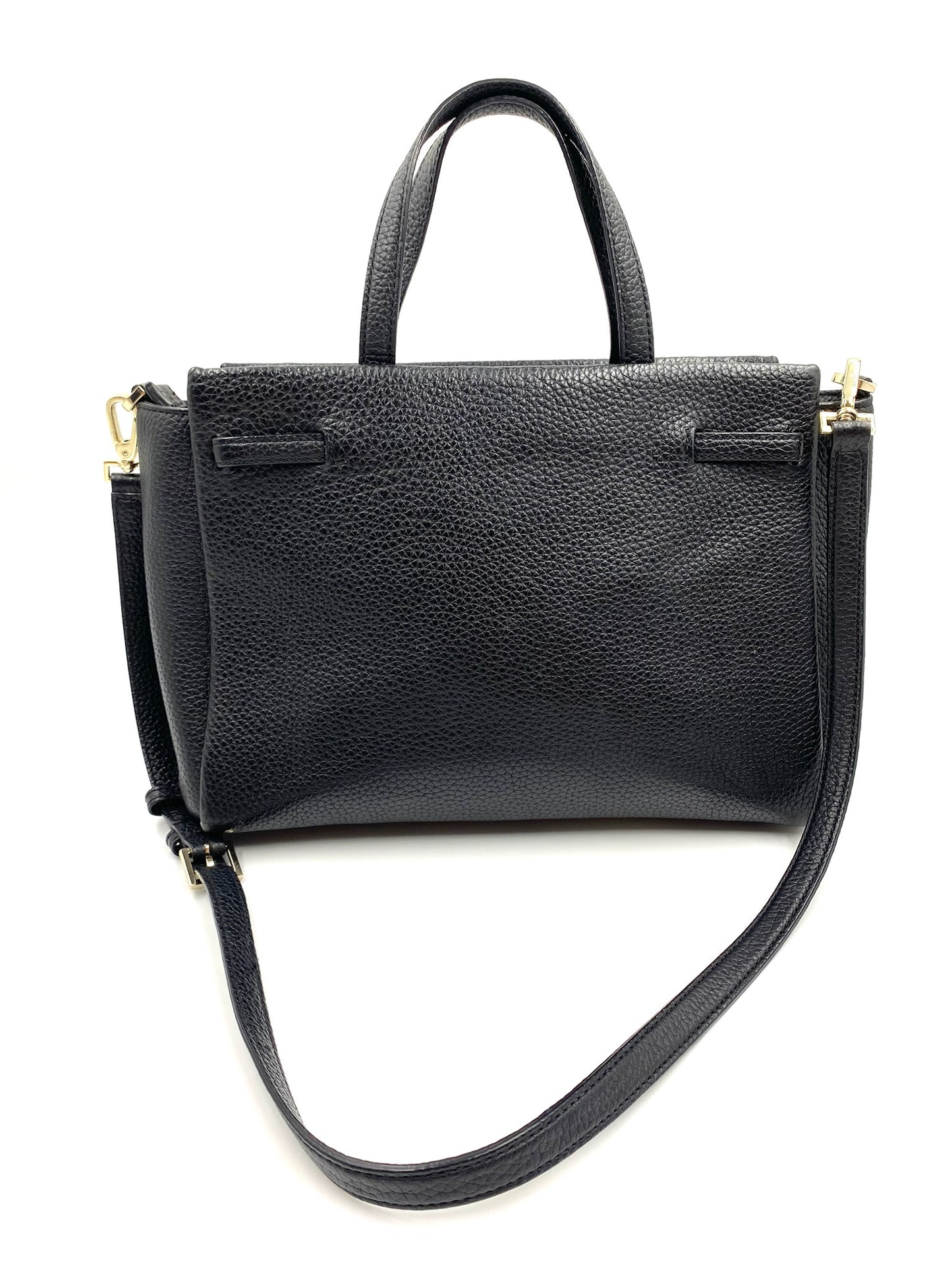 Kate Spade black pebbled leather top handle tote with detachable strap and gold hardware.