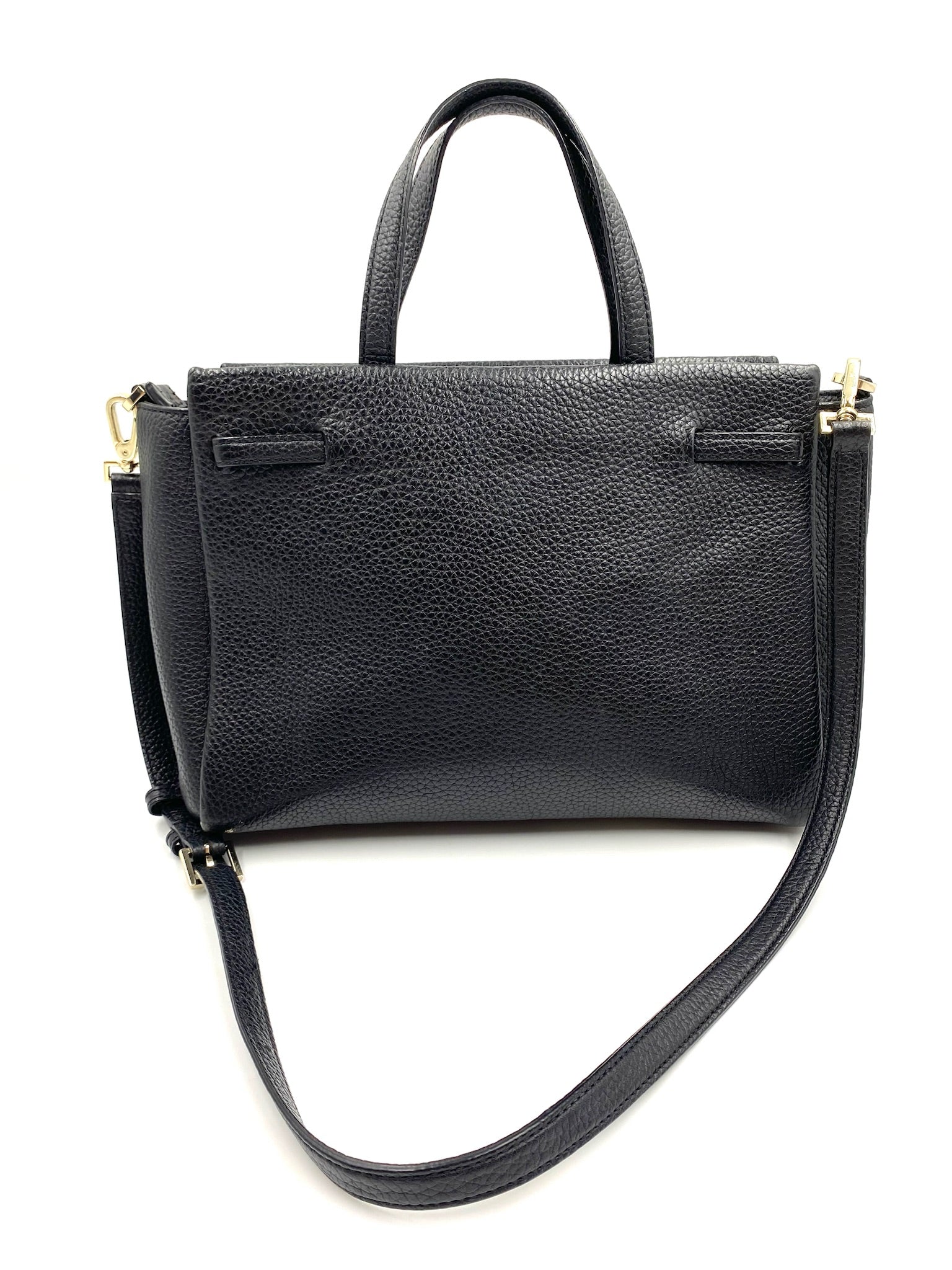 Kate Spade black pebbled leather top handle tote with detachable strap and gold hardware.