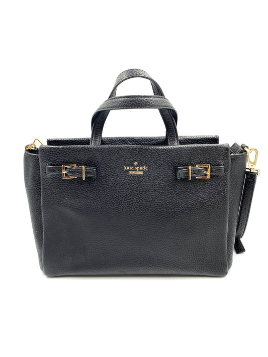 Kate Spade black pebbled leather tote with top handles, gold hardware buckles, and a detachable strap.