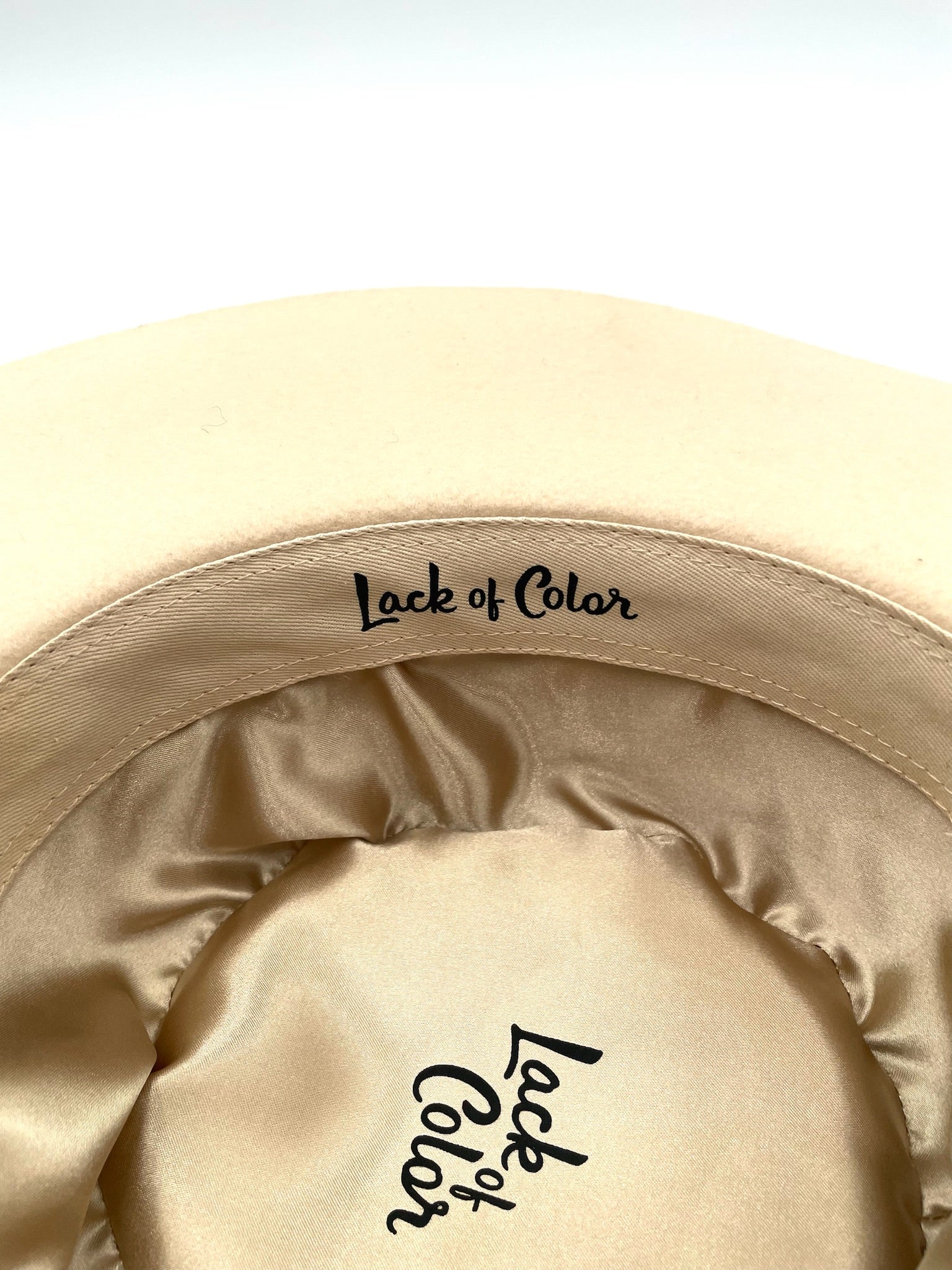 Lack Of Color Beige Sierra Boater Hat, size L 59CM, with a wide brim and vintage gold patterned ribbon.