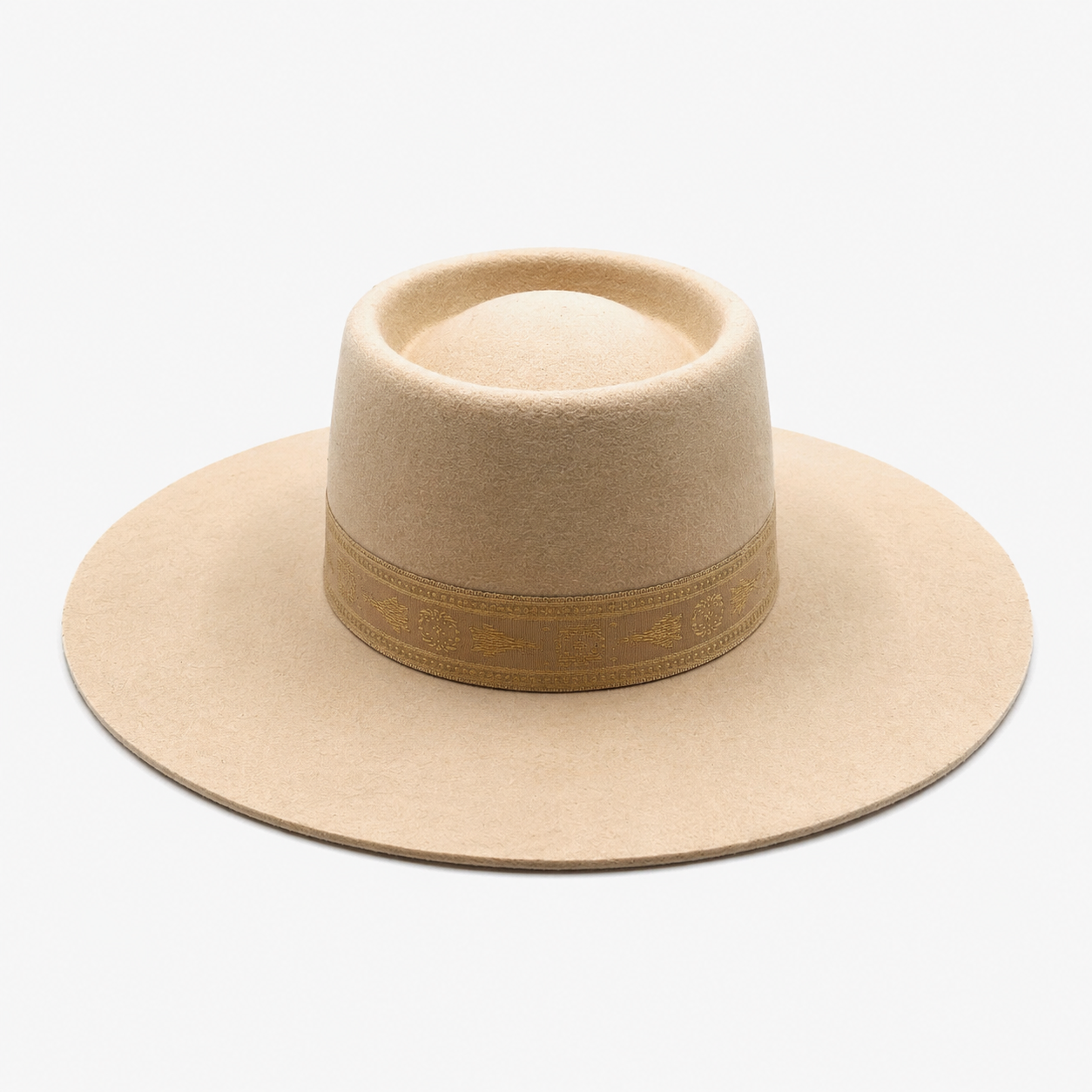 Lack Of Color Biege Sierra Boater Hat, size L 59CM, with wide brim and vintage gold patterned ribbon.