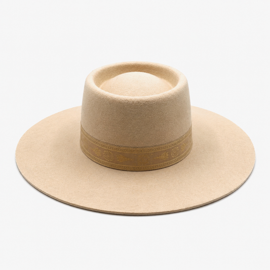 Lack Of Color Biege Sierra Boater Hat, size L 59CM, with wide brim and vintage gold patterned ribbon.
