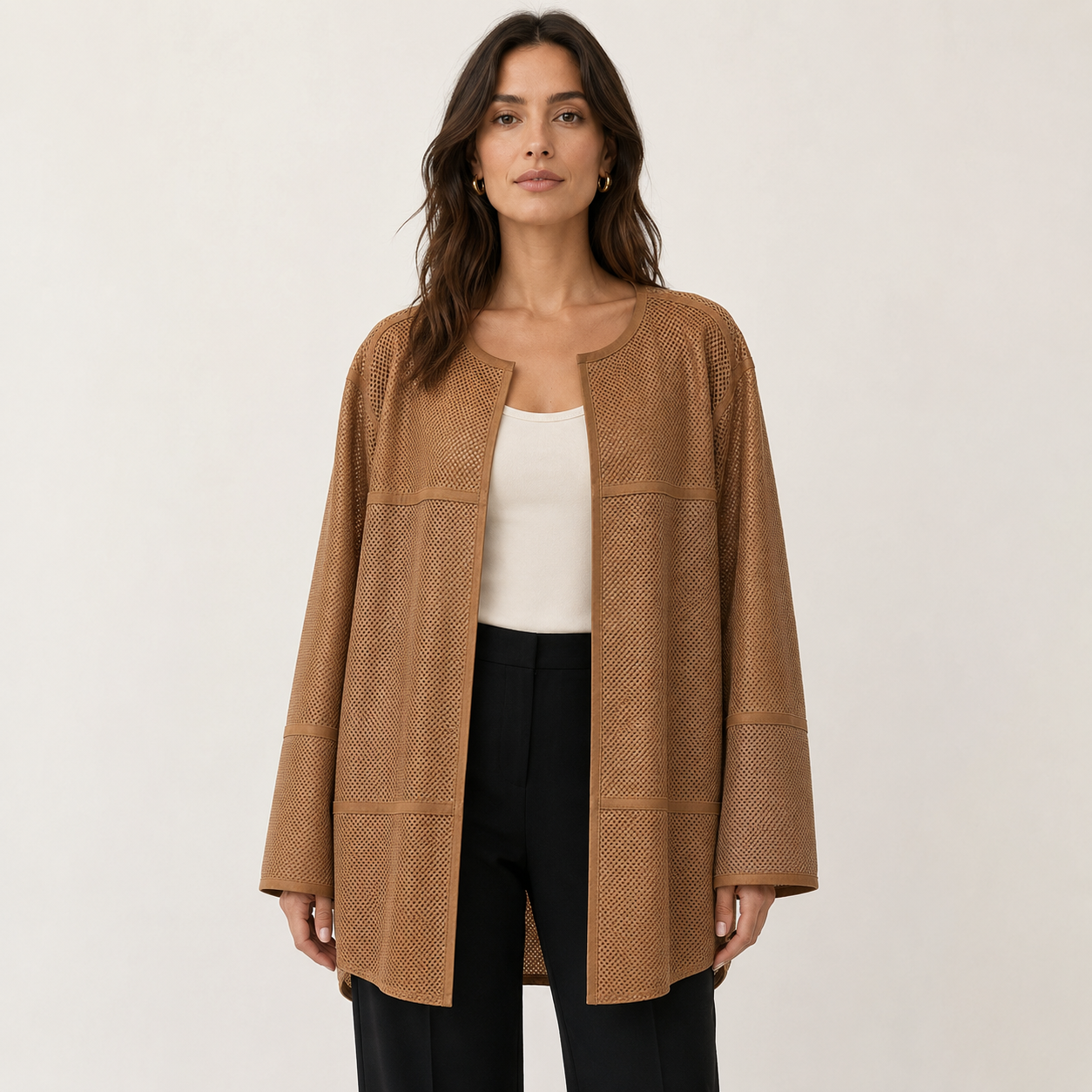 Lafayette 148 Brown Leather Perforated Open Jacket Size XXL