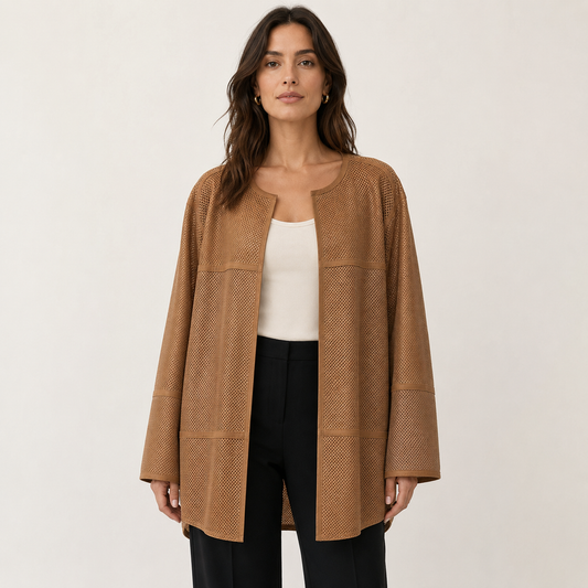 Lafayette 148 Brown Leather Perforated Open Jacket Size XXL