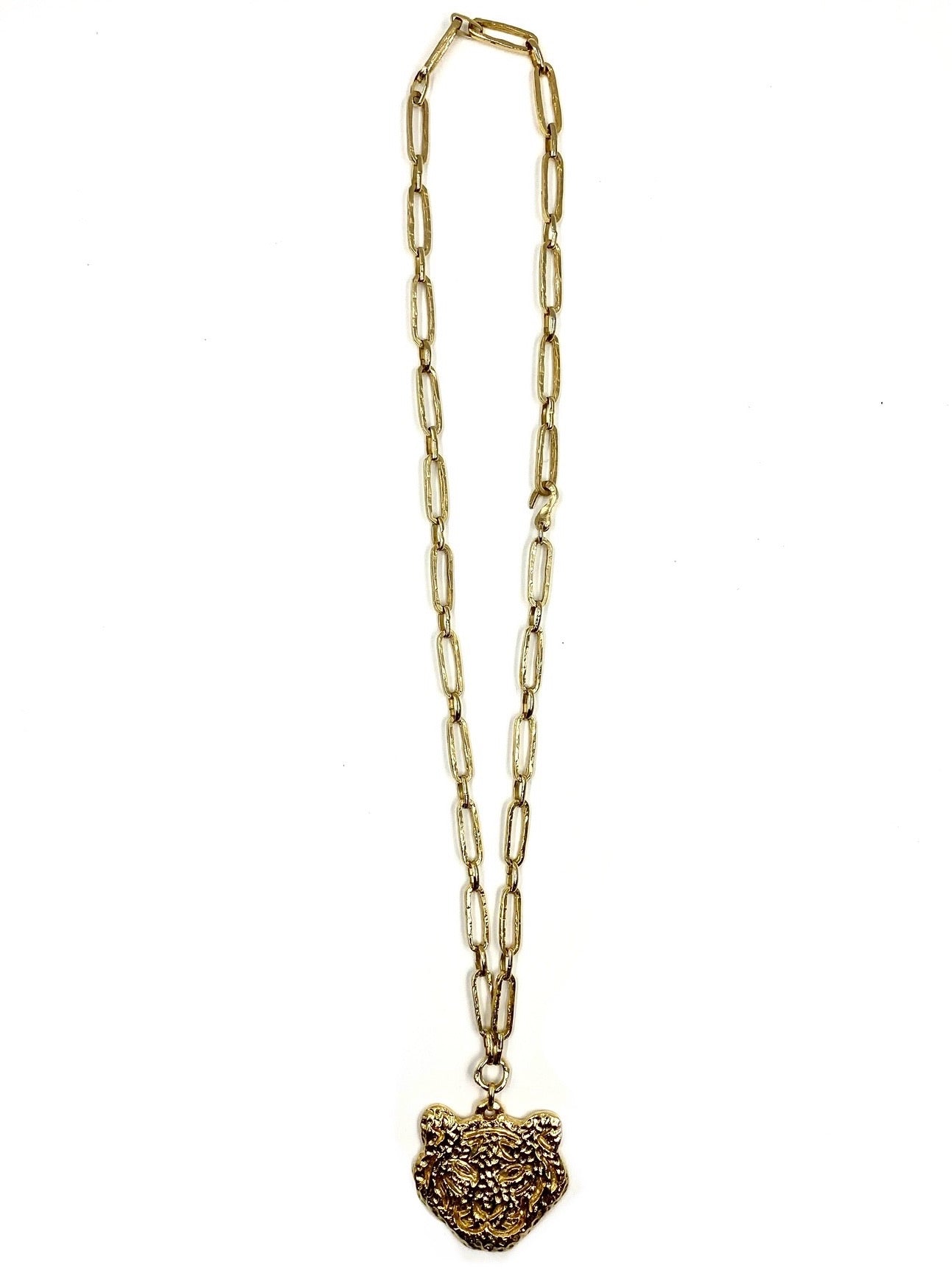 Las Surenas gold plated tiger necklace with a long chain and detailed tiger pendant.