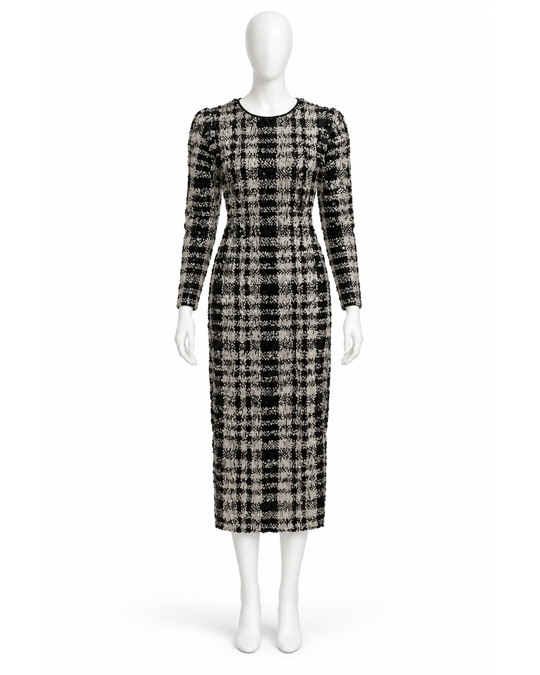 Le Superbe black and white sequin long sleeve midi dress in a plaid pattern on a mannequin.