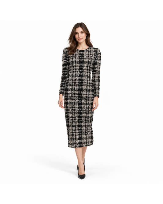 Le Superbe black and white sequin long sleeve midi dress in a classic plaid pattern, size M.