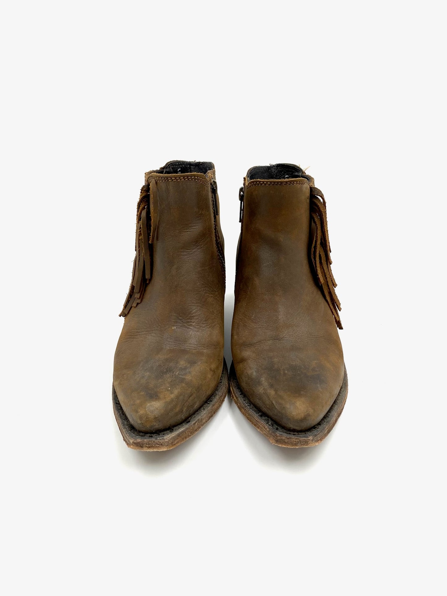 Liberty Black brown leather fringe ankle boots, size 8, with side tassels and zipper closure.