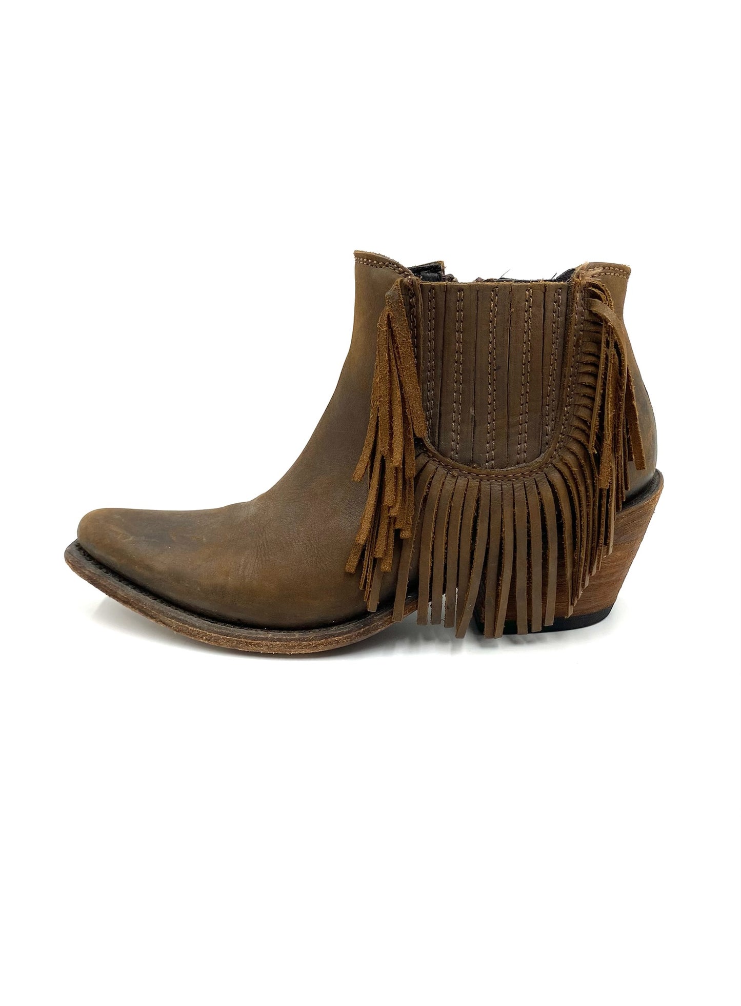Liberty Black brown leather fringe ankle boots, size 8, with side tassel and zipper closure.