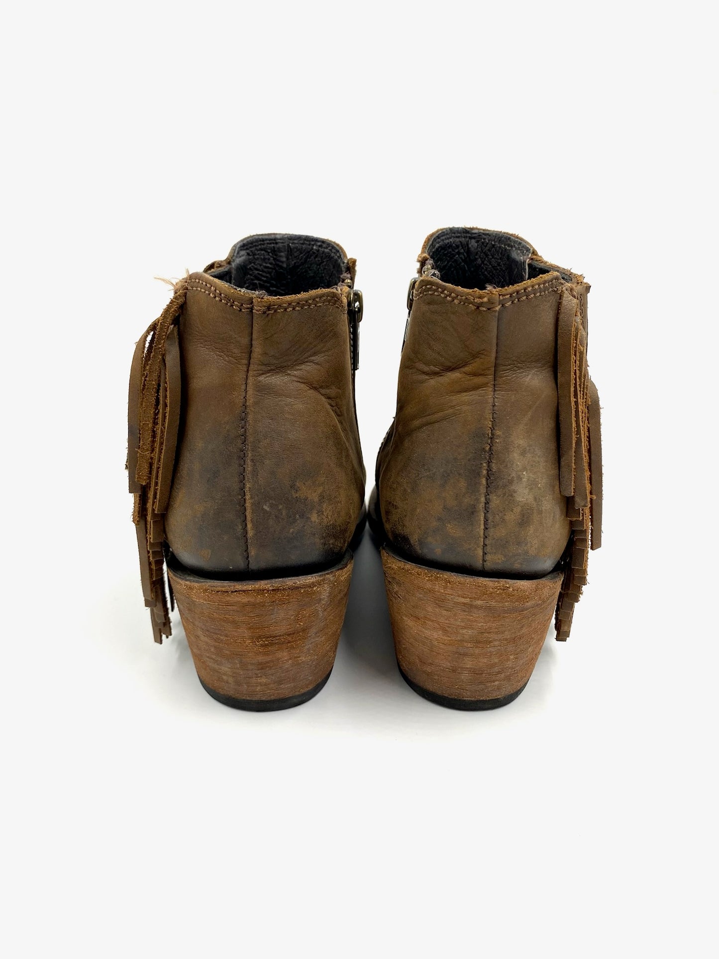 Liberty Black brown leather fringe ankle boots, size 8, with side tassels and zipper closure.