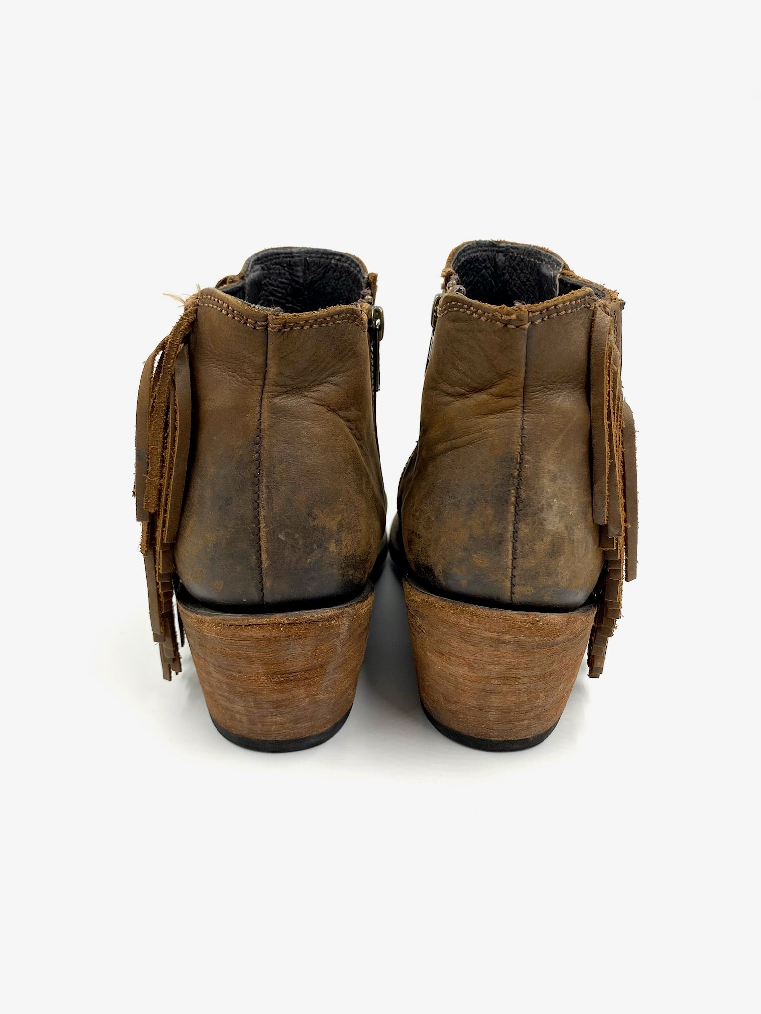 Liberty Black brown leather fringe ankle boots, size 8, with side tassels and zipper closure.