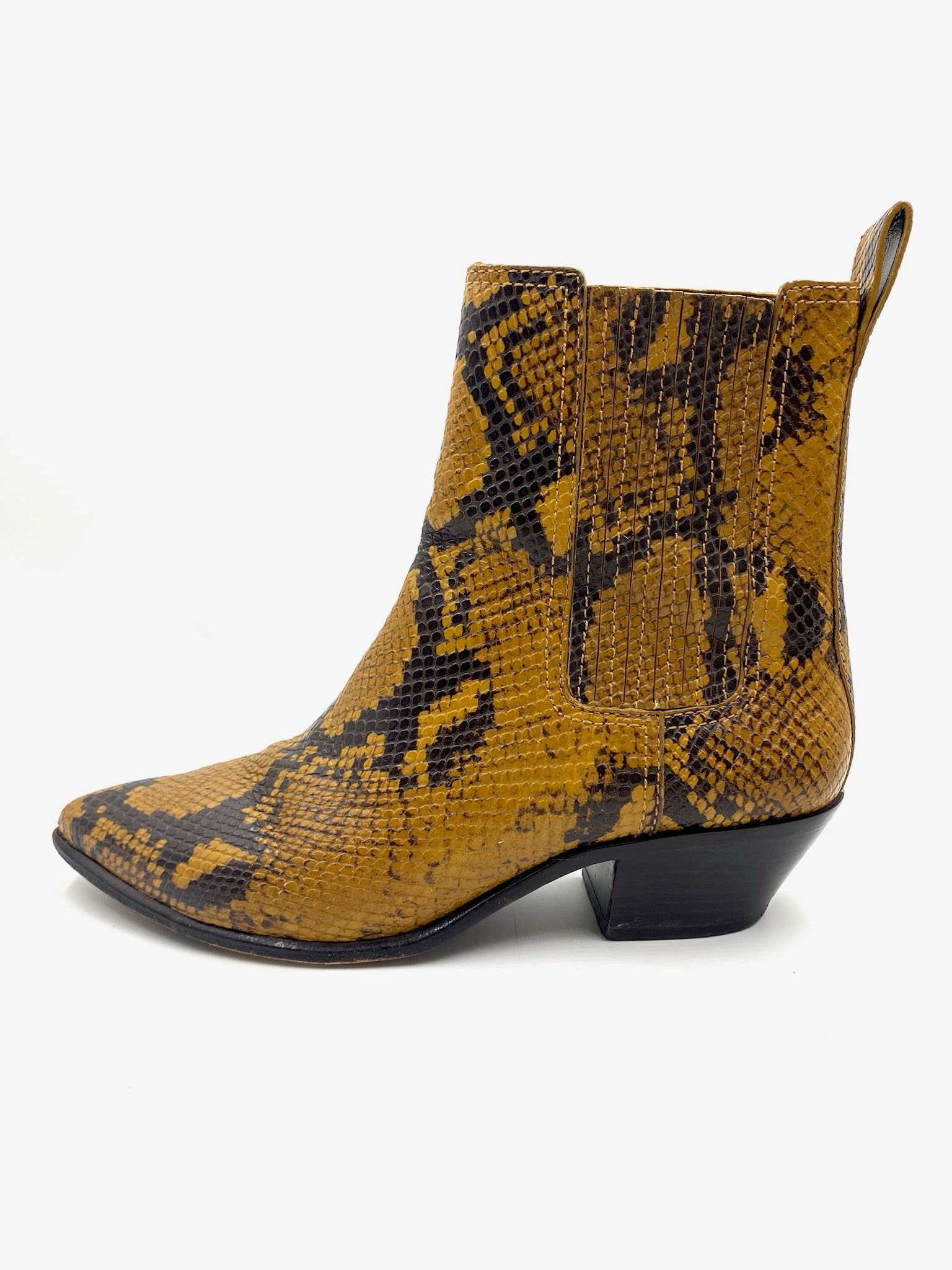 Loeffler Randall snakeskin ankle boots, size 8.5, with pointed toe and black heel.
