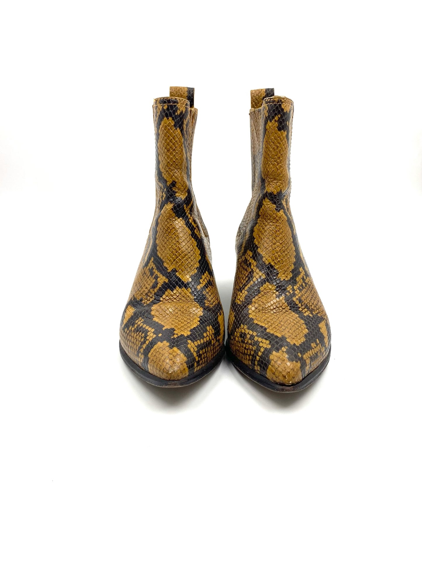 Loeffler Randall snakeskin ankle boots, size 8.5, with pointed toes and brown and black pattern.