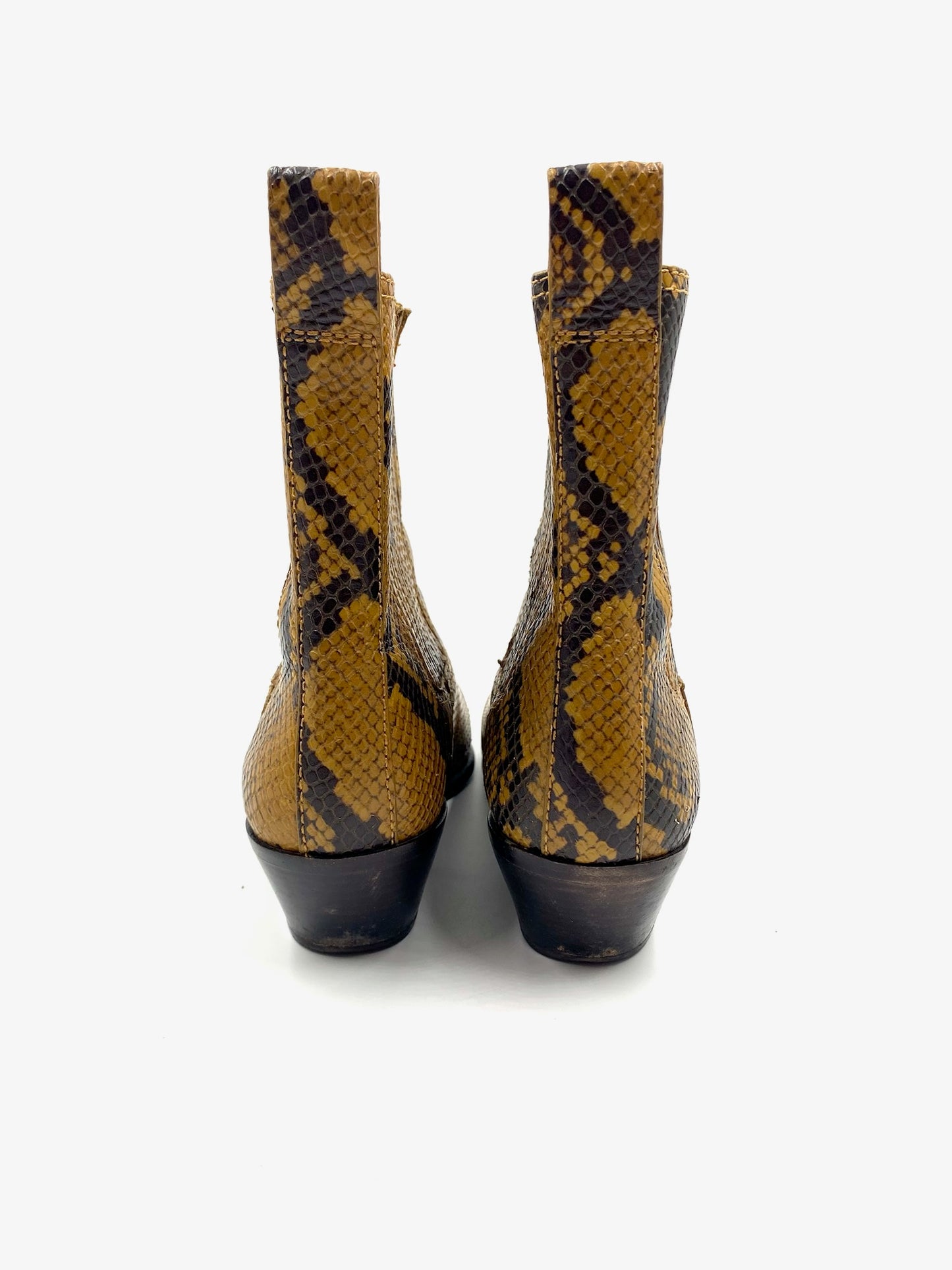 Loeffler Randall snakeskin ankle boots, size 8.5, with brown and black pattern, pointed toe, and low heel.