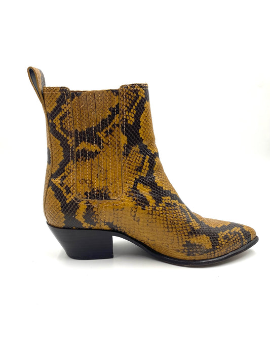 Loeffler Randall snakeskin ankle boots, size 8.5, with brown and black pattern, pointed toe, and low heel.