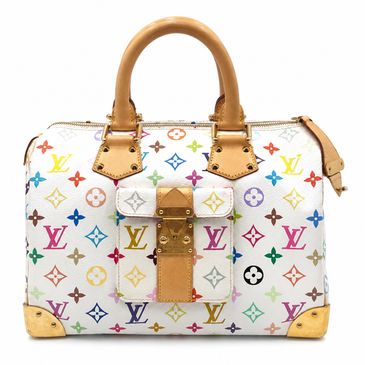 Louis Vuitton x Takashi Murakami Multicolor Speedy 30 in white canvas with tan leather trim, gold hardware, and front pocket.