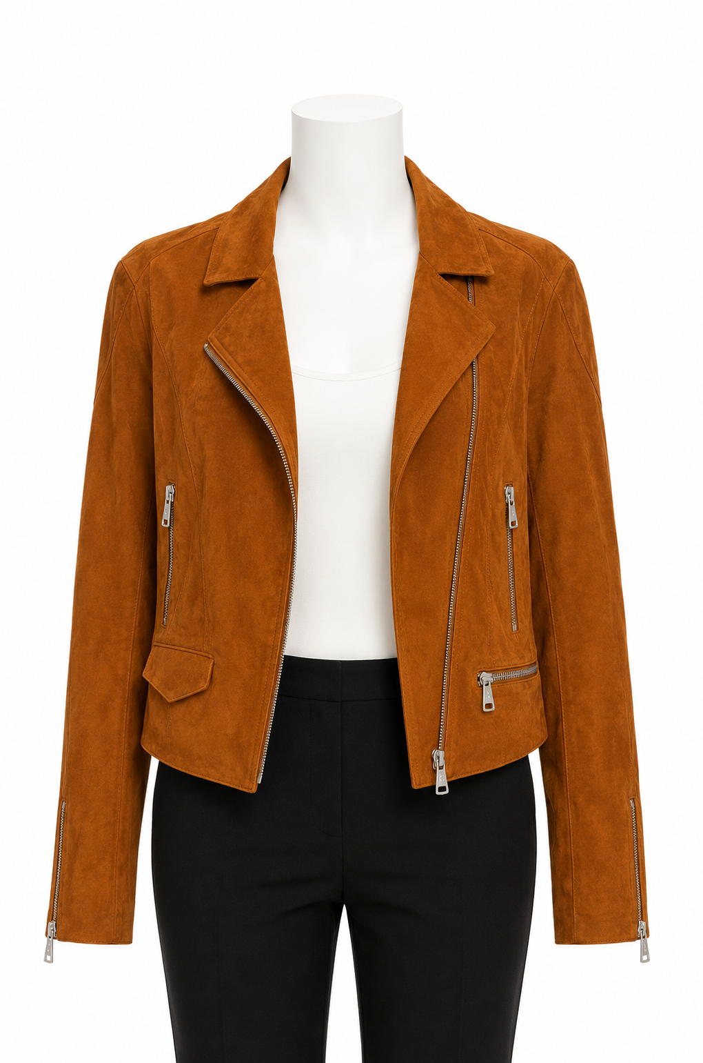 Luisa Cerano Cognac Suede Leather Moto Jacket Size 10 US