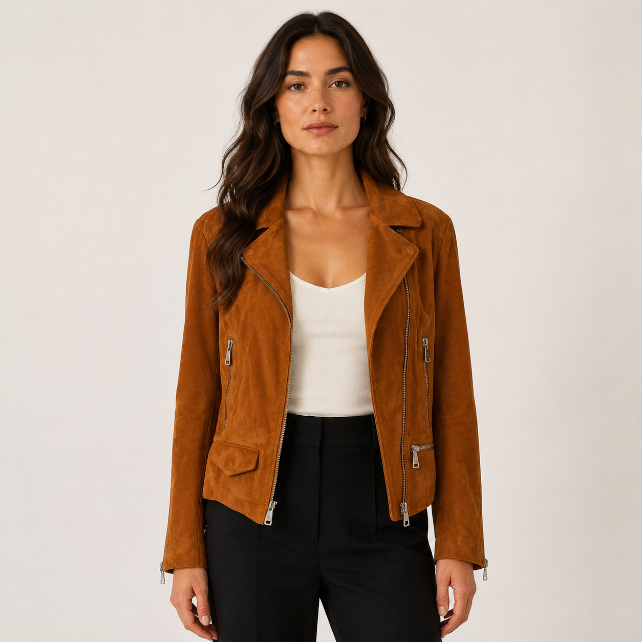 Luisa Cerano Cognac Suede Leather Moto Jacket Size 10 US