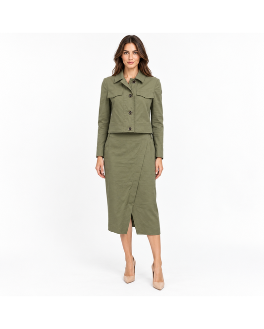 Luisa Cerano olive green button-down jacket and midi skirt set with a front slit, worn by a model against a white background.