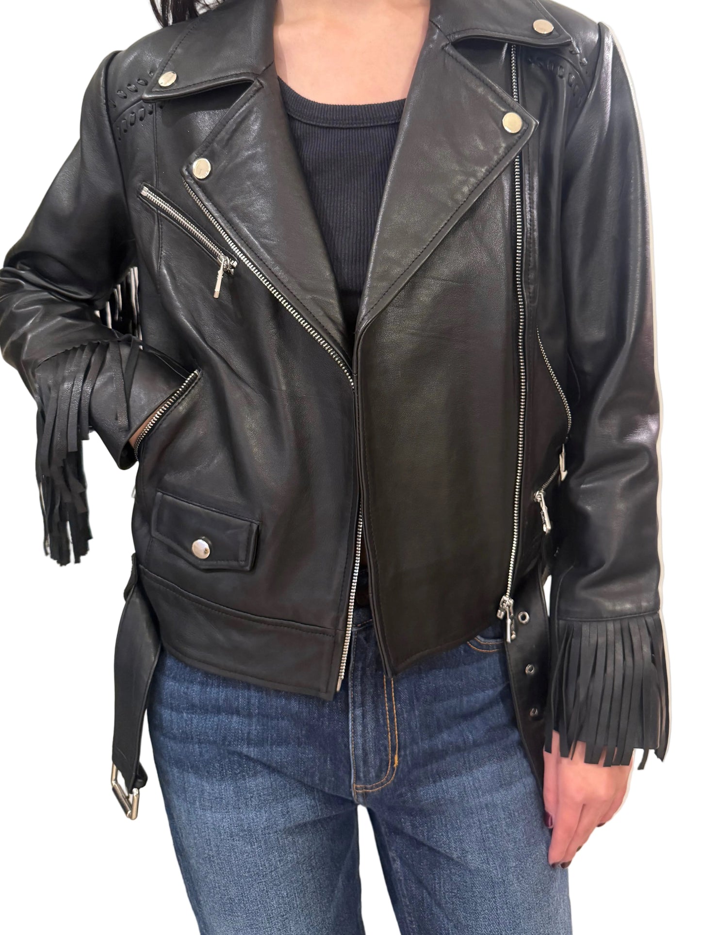 Malika Kate Black Moto Fringe Leather Jacket Size S