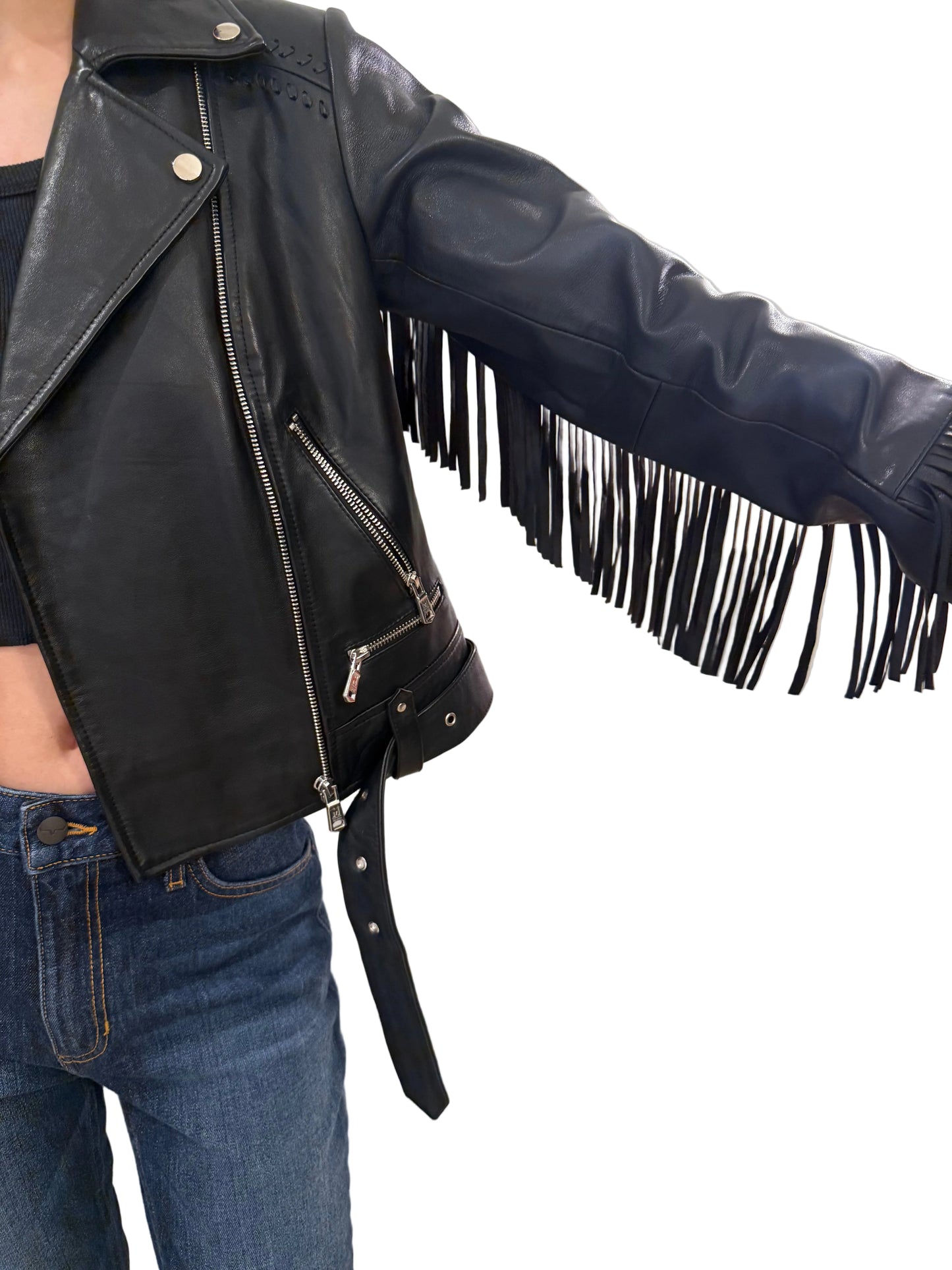 Malika Kate Black Moto Fringe Leather Jacket Size S