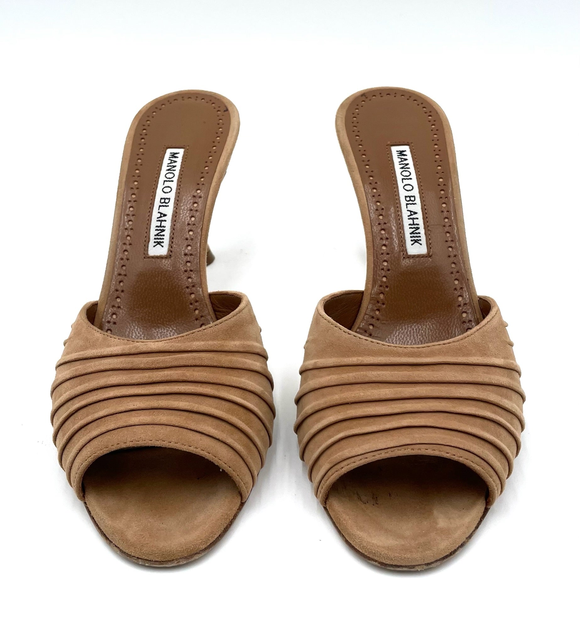 Beige suede Manolo Blahnik open-toe mules with ruched detailing and a flared mid-heel, size 37.