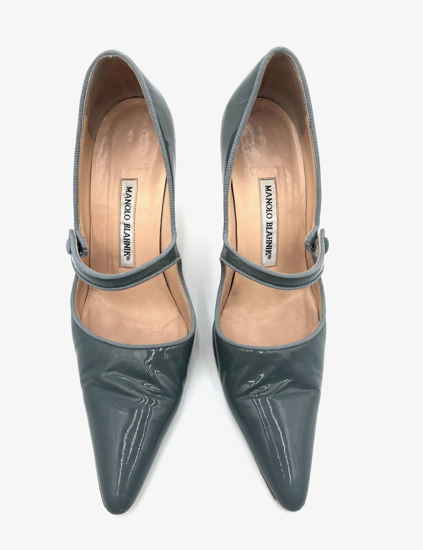 Manolo Blahnik Grey MaryJane Patent Pumps Size 38