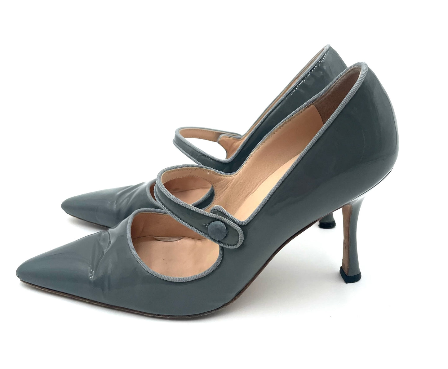 Manolo Blahnik Grey MaryJane Patent Pumps Size 38