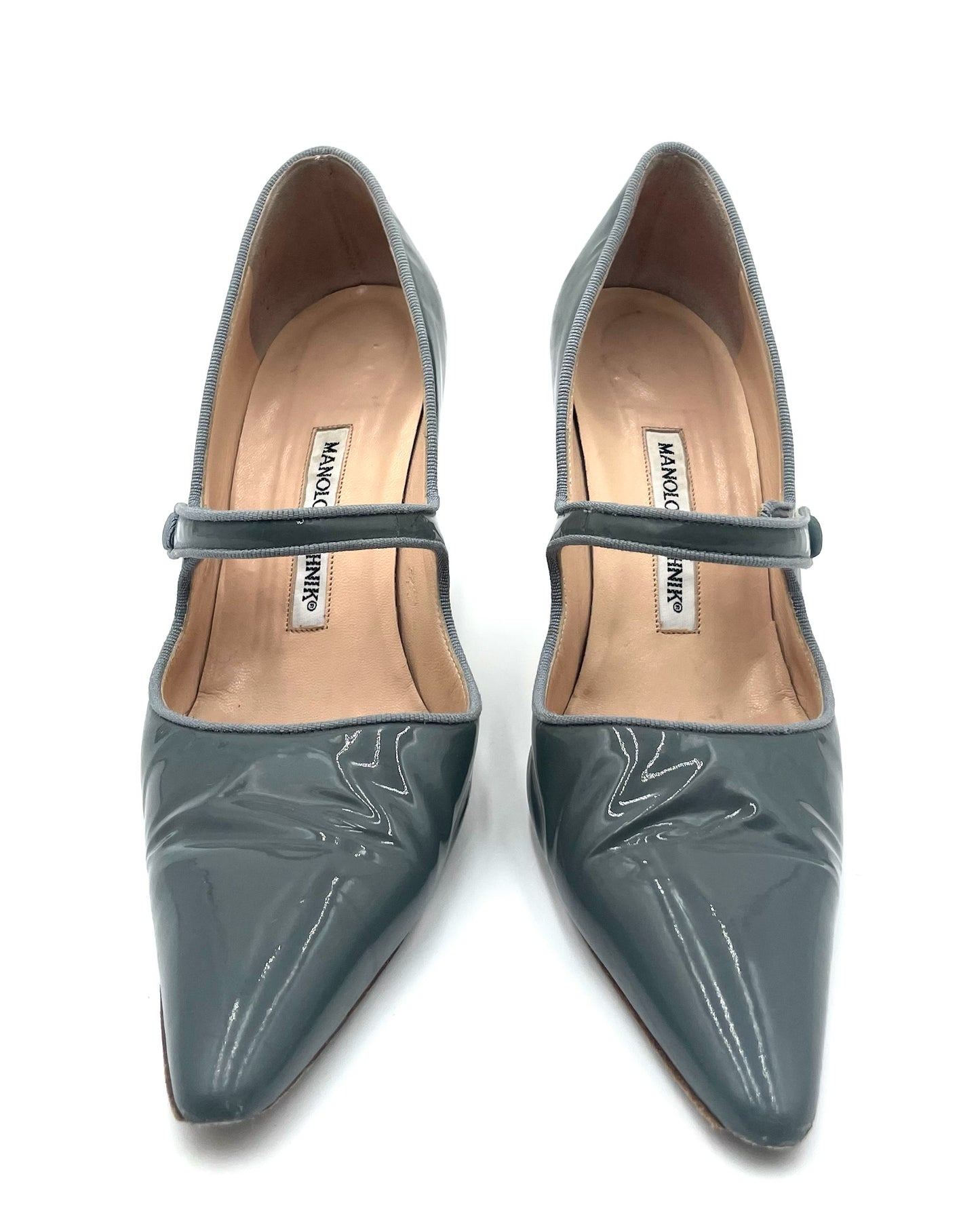 Manolo Blahnik Grey MaryJane Patent Pumps Size 38