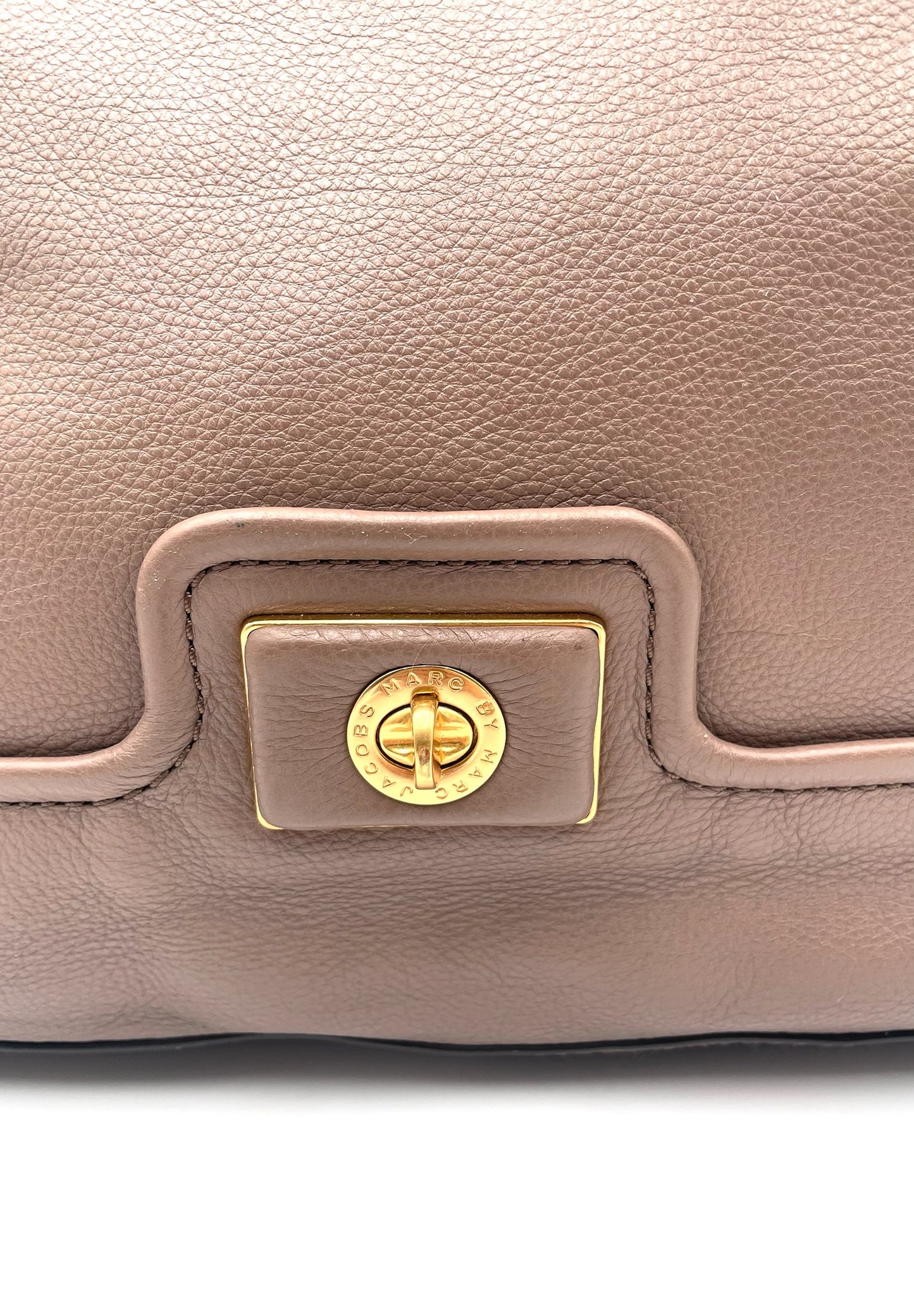 Marc by Marc Jacobs Revolution taupe leather hobo bag with gold-tone turn-lock closure.