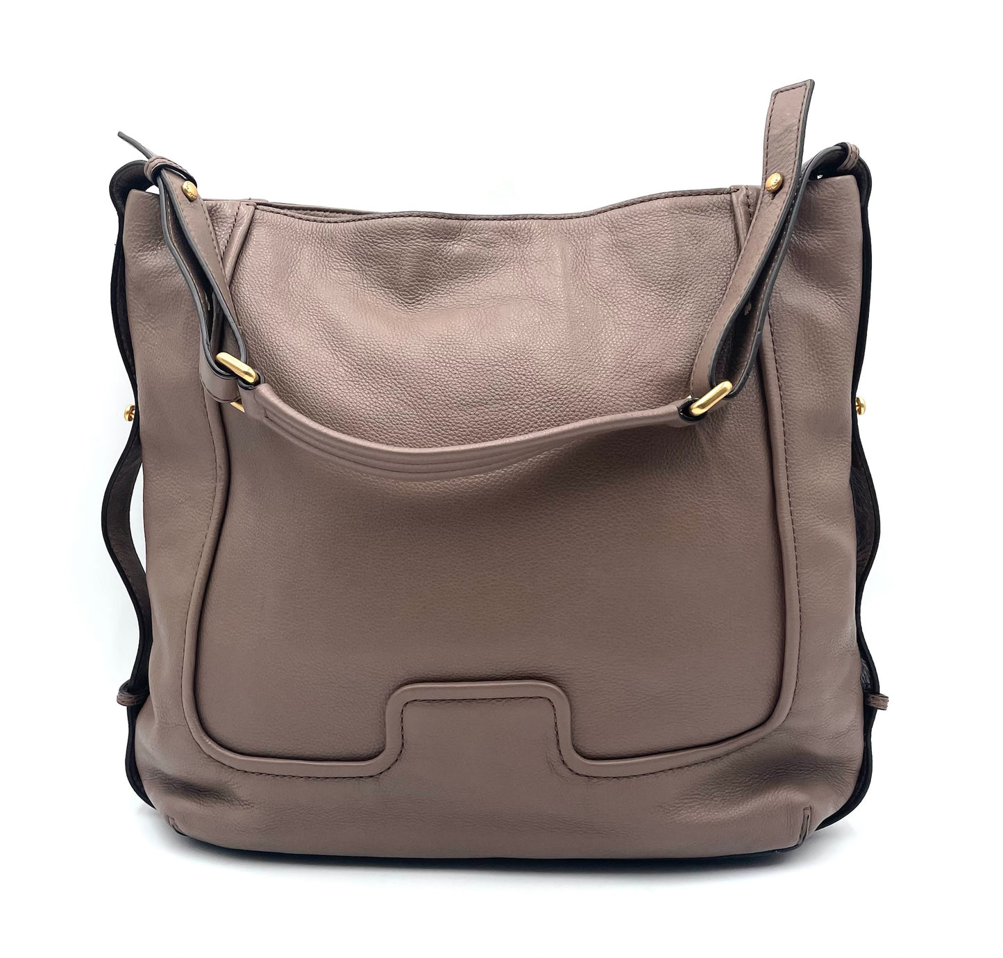 Marc Jacobs Revolution taupe leather hobo bag with slouchy silhouette and gold-tone hardware.