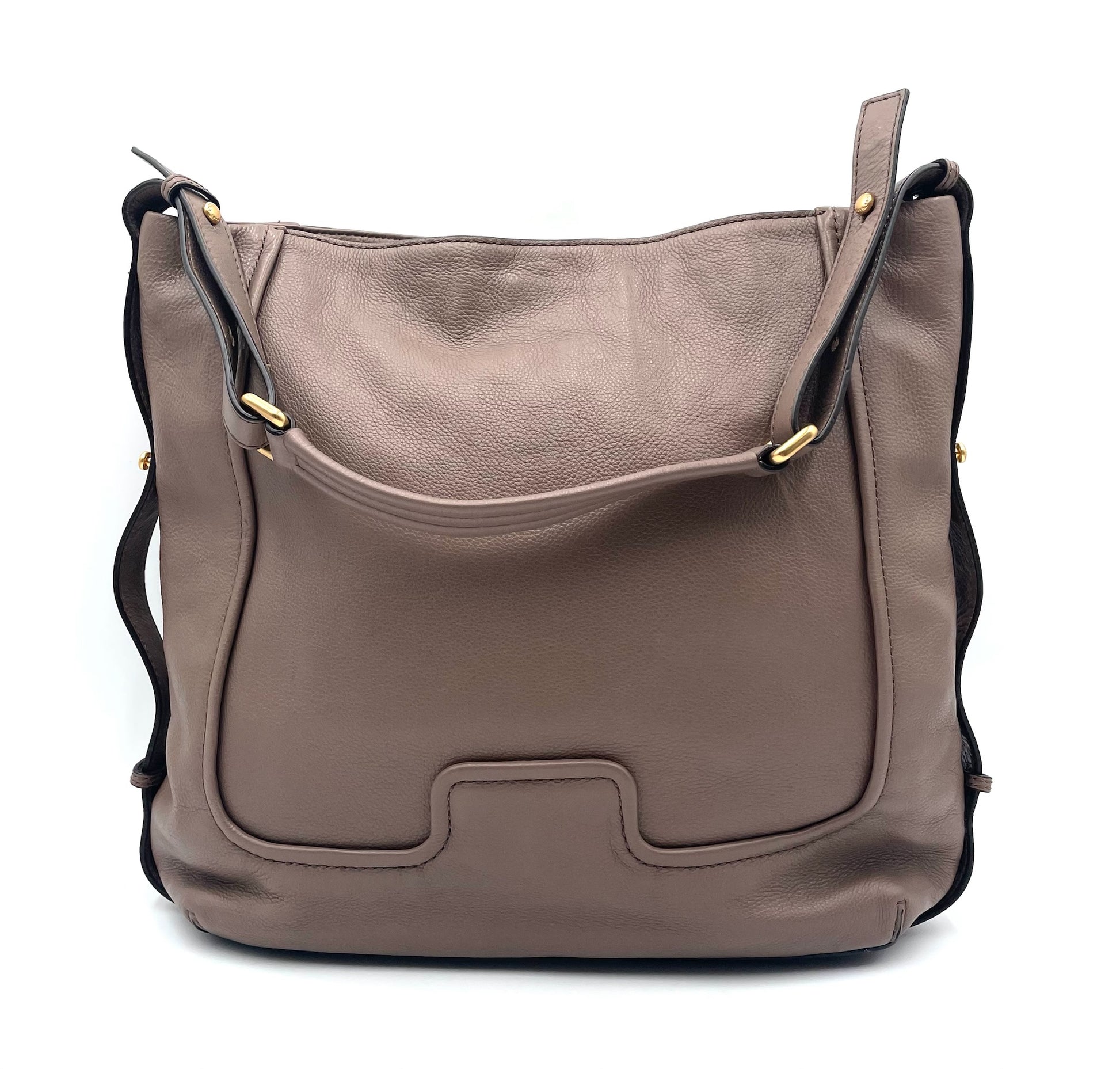 Marc Jacobs Revolution taupe leather hobo bag with slouchy silhouette and gold-tone hardware.
