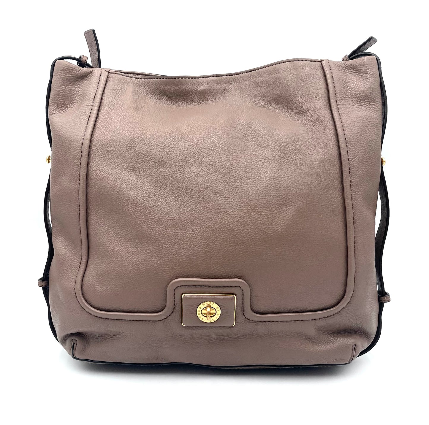 Marc by Marc Jacobs Revolution taupe leather hobo bag with gold-tone turn-lock closure.