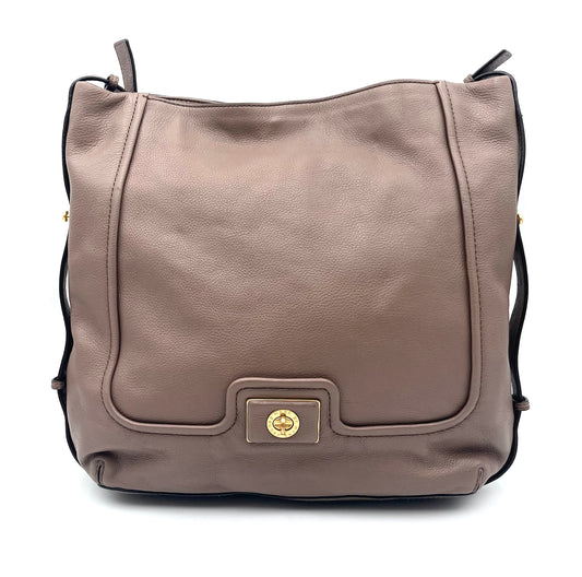Marc by Marc Jacobs Revolution taupe leather hobo bag with gold-tone turn-lock closure.