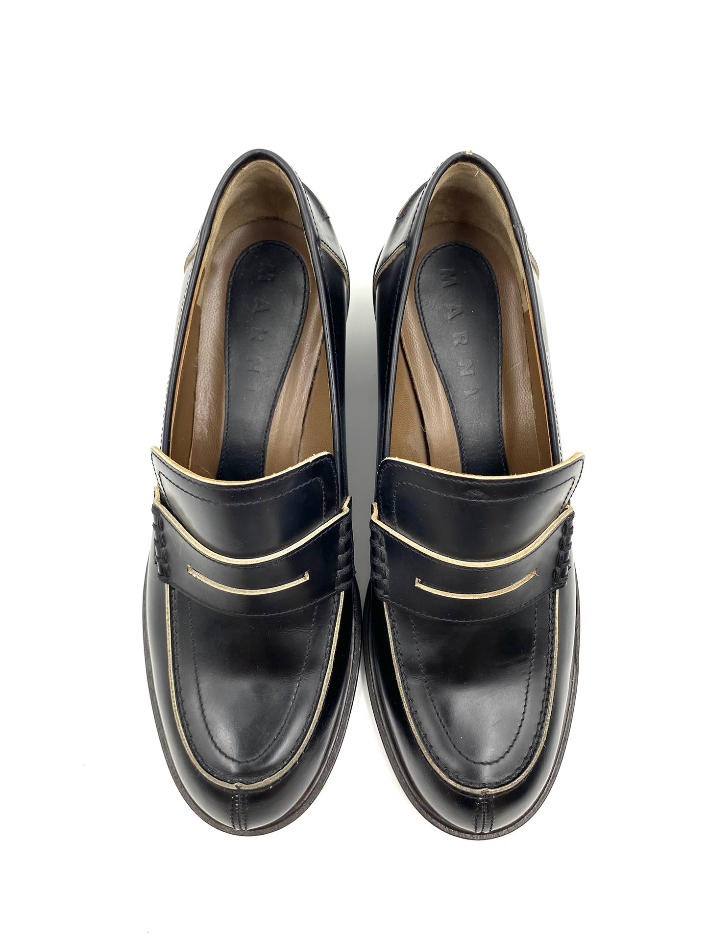 Marni black leather loafers, size 37.5, with block heels and exposed edging detail.