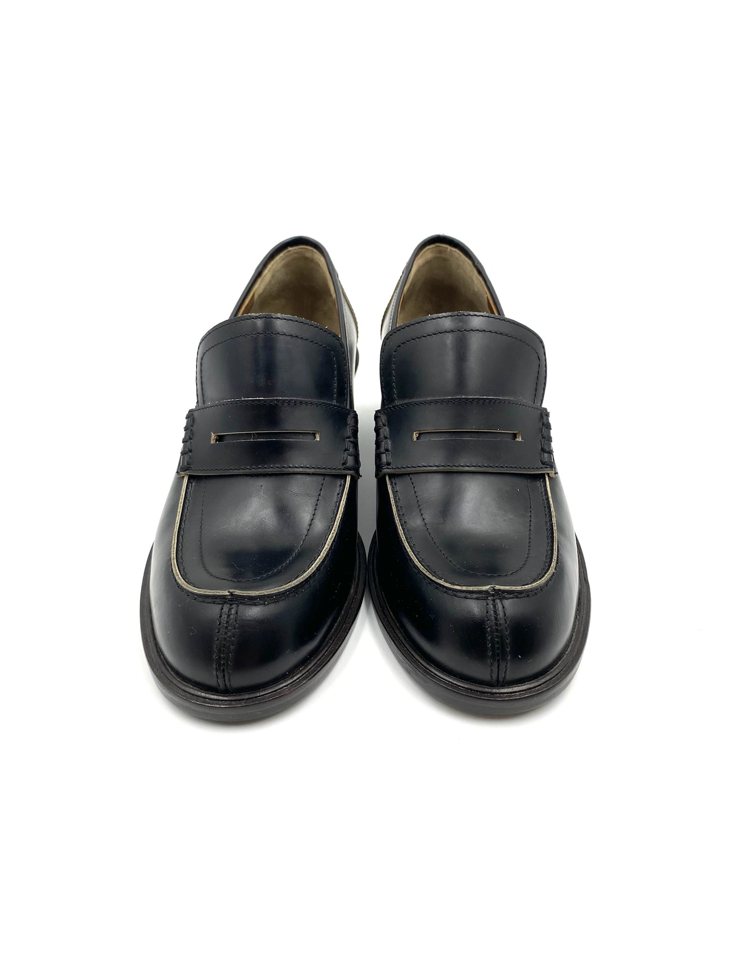 Marni black leather loafers, size 37.5, with block heels and exposed edging detail.
